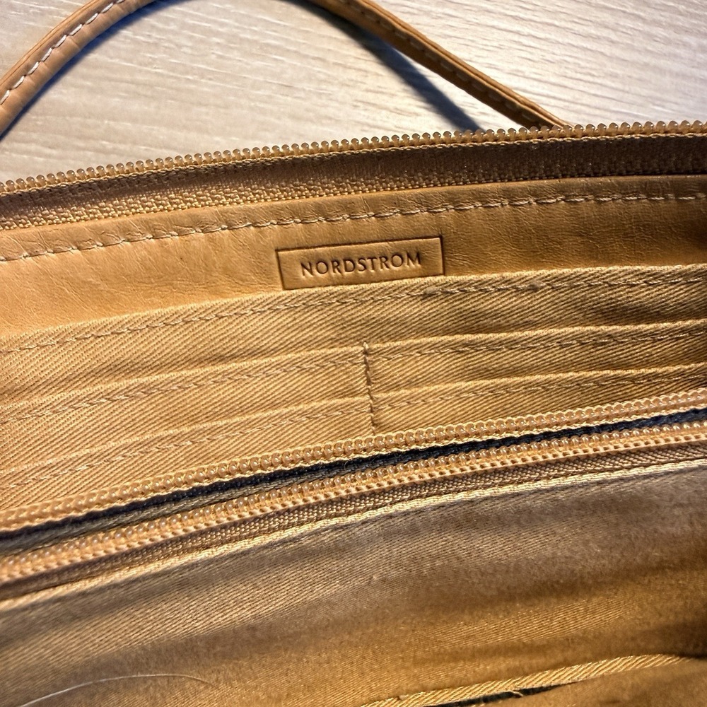 Nordstrom Tan Leather Zippered Clutch with Multiple Compartments and Strap - Picture 4 of 11